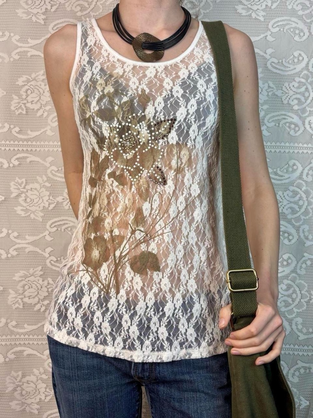 Vintage Y2K Fairycore Lace Tank with Beaded Floral detailing✨